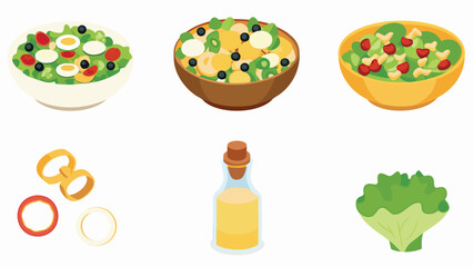 Three bowls of salads with various ingredients next to a bottle of oil and lettuce on a white background
