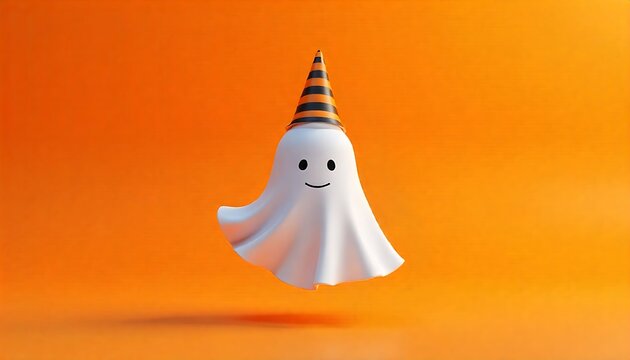 Halloween decorations, Halloween Ghost Party banner, greeting card, invitation, poster, Small ghost in party hat and cloak floats against orange background, created with generative ai