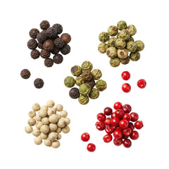 Ultra realistic UHD top-down product shot of artfully scattered black, green, white, and red peppercorns on a clean white background with copy space, no shadows, vibrant colors, lifelike accuracy,