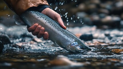 Hand holding a fish emerging from a stream