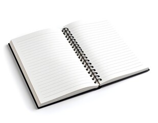 Open spiral notebook with blank lined pages ready for notes, ideas, or journaling. Isolated diary on a white background.