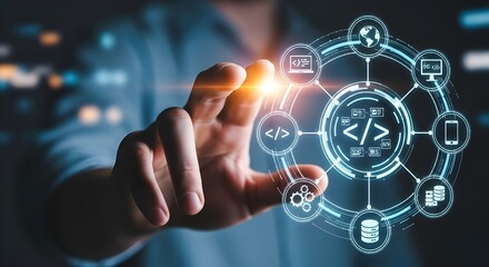 Hand Interacting with Futuristic Web Development Interface