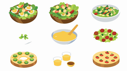Illustration of various salads with eggs and tomatoes, dressings and bread with toppings on white background