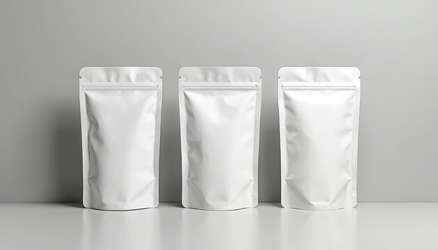 Three blank white doypack pouches presented on clean grey background. Realistic 3D render pouches perfect for product branding, food, snacks, tea, supplements, cosmetics packaging designs.