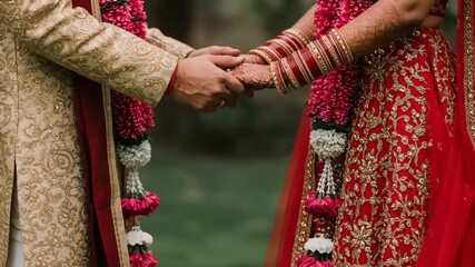 Couple Joining Hands During Traditional Ceremony Wearing Ornate Clothing