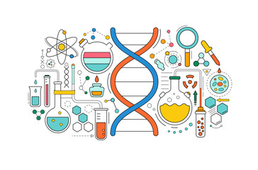 Science laboratory, chemical or medical research banner. Chemistry and biology in school education. Geometric background with scientific test equipment, glass flasks, dna molecule, vector illustration