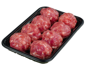 Raw meatball pack with tray fresh ground pork uncooked isolated on transparency background convenient packaging for cooking juicy texture ready to cook appetizing appearance
