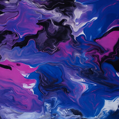 A stunning abstract fluid painting evoking the mysterious atmosphere of outer space. Swirls of purple, blue, black, and white create a galaxy-like visual.