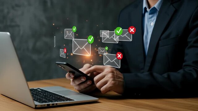 Businessman Managing Email Overload: Efficiently Processing Messages on Phone with Laptop Nearby, Prioritizing Communications & Tackling Inbox Congestion