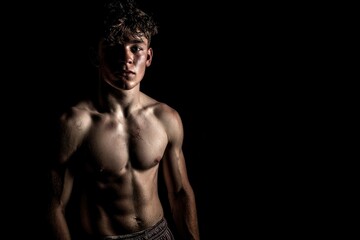Fototapeta premium Shirtless man with wet skin and curly hair poses against a dark backdrop