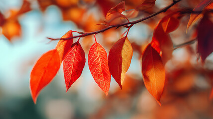 Vibrant autumn leaves hanging from a branch with a soft bokeh background