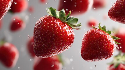 Delicious Strawberry Splash: A vibrant display of ripe, juicy strawberries suspended mid-air, glistening with droplets of water, showcasing their natural beauty.