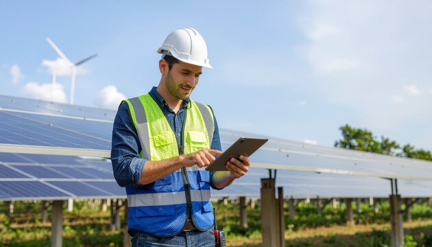 Male engineer in a hard hat using a digital tablet for inspecting solar panels at a renewable energy farm with a wind turbine in the background.
