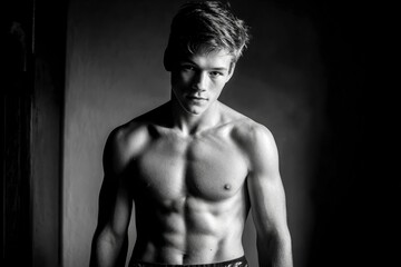 Fototapeta premium Muscular shirtless man welllit with defined features poses against a dark background