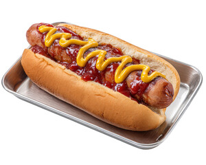 Hot dog with grilled sausage, ketchup, and mustard on soft bun served on metal tray, classic fast food meal, appetizing and savory snack for lunch or dinner