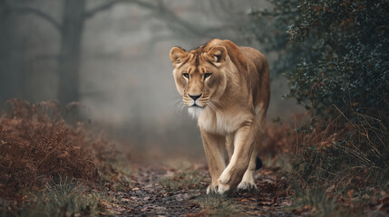 Fototapeta premium Majestic lioness walks through a misty forest with intense gaze