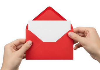Hands holding open red envelope letter mail invitation isolated on transparent background