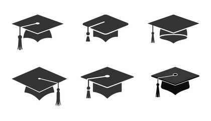 Graduation Cap Icons, Black Silhouette Vector Illustration.