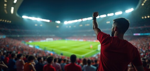 Man with raised fist cheers at football match in brightly lit stadium at night. Packed crowd watches game on green pitch with glowing stadium lights, screens. Experience sport excitement, fan energy.