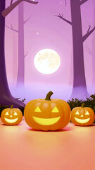 Cute Halloween Pumpkins in Spooky Forest at Night