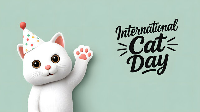 3D white kitten waving paw and wearing a party hat next to “International Cat Day” text. A friendly and festive pet visual for cat lovers and themed events.