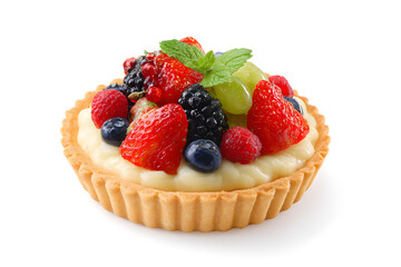 Fresh fruit tart topped with strawberries, blueberries, and mint on cream base. Ideal for food blogs, menus, or healthy dessert visuals.