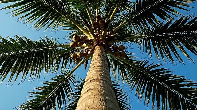 Tall coconut tree with coconuts shot from below against a clear blue sky