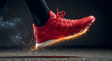 A red running shoe with a black sock on a dark background with sparks and smoke around the sole