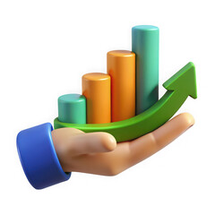3d cartoon hand holding upward trend bar chart and arrow isolated on transparent background