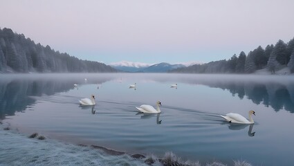 Naklejka premium Swans on a Misty Lake