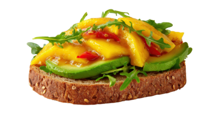 Whole grain bread avocado mango arugula and red pepper create vibrant open faced sandwich offering fresh healthy and colorful meal option with natural appetizing look