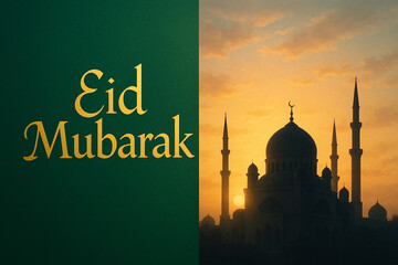 Eid Mubarak greeting card with mosque silhouette at sunset

