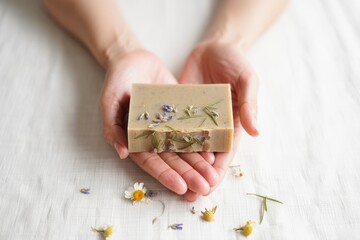 Hands gently holding fragrant handmade soap bar with dried herbs and flowers on a white linen surface