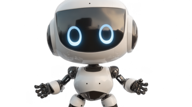 Humanoid robot with a friendly design features glowing eyes and moving arms, representing advances in robotics and AI