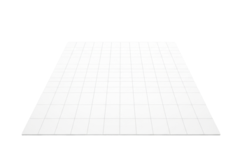 A pristine transparent background features a precisely rendered light gray grid pattern of perfect squares, with even studio lighting and sharp focus throughout. Concept of geometric perfection and