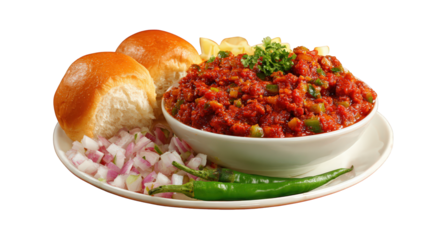 Pav bhaji platter with buttered bread, spicy mashed vegetable curry, chopped onion, green chili, lemon, and coriander garnish, vibrant and appetizing Indian street food