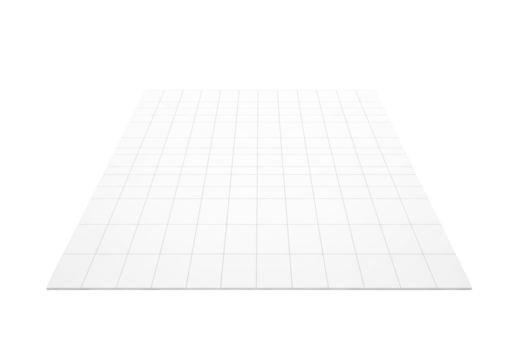 A pristine transparent background features a precisely rendered light gray grid pattern of perfect squares, with even studio lighting and sharp focus throughout. Concept of geometric perfection and