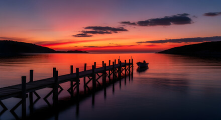 Vibrant Sunset Over Calm Water with Wooden Pier and Boat. Fiery Sky Reflected on Tranquil Lake or Bay, Framed by Distant Hills. Peaceful Evening La...