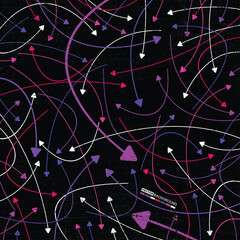 Abstract vector background with dynamic multicolored arrows and chaotic lines on black textured surface. Concept of data flow, technology, movement, or communication.