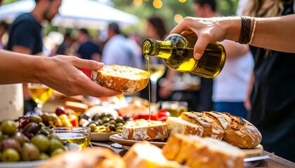 Artisan bread with fresh olive oil at a lively outdoor gathering under sunlit skies