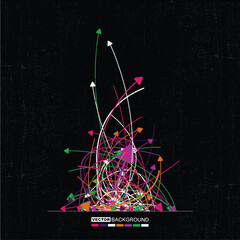 Abstract vector background with dynamic multicolored arrows and chaotic lines on black textured surface. Concept of data flow, technology, movement, or communication.