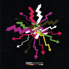 Abstract vector background with dynamic multicolored arrows and chaotic lines on black textured surface. Concept of data flow, technology, movement, or communication.