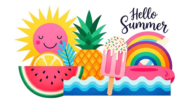 Bright and Colorful Summer Illustration with Fruits Rainbow and Sunshine Graphic Art for Greeting Cards and Fun Designs