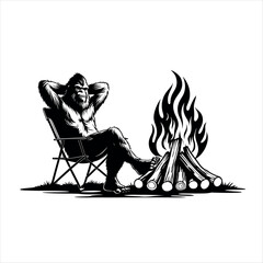 A Bigfoot sitting in a chair next to a campfire
