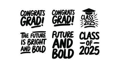 A collection of graduation themed designs featuring congratulations and class of expressions in black ink