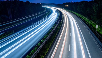 Highway at Night with Car Light Trails.