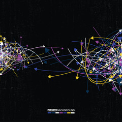 Abstract vector background with dynamic multicolored arrows and chaotic lines on black textured surface. Concept of data flow, technology, movement, or communication.