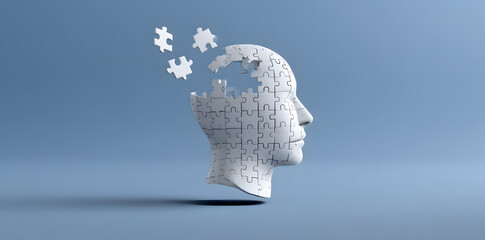 Head made of puzzle pieces with missing parts. Conceptual image representing memory loss, dementia, or psychological complexity.