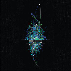 Abstract vector background with dynamic multicolored arrows and chaotic lines on black textured surface. Concept of data flow, technology, movement, or communication.