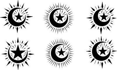 "Islamic Mosque Silhouette Collection with Moon and Stars"